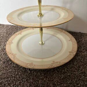 Antique Noritake Marcisite M 2-Tiered Serving Plate Handpainted Gold/White
